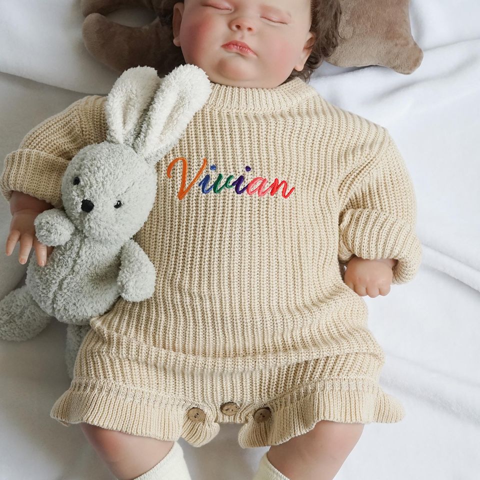 Ruffle Crawl Romper with Personalized Rainbow Name, Embroidered Baby Girl Sweater, Newborn Romper