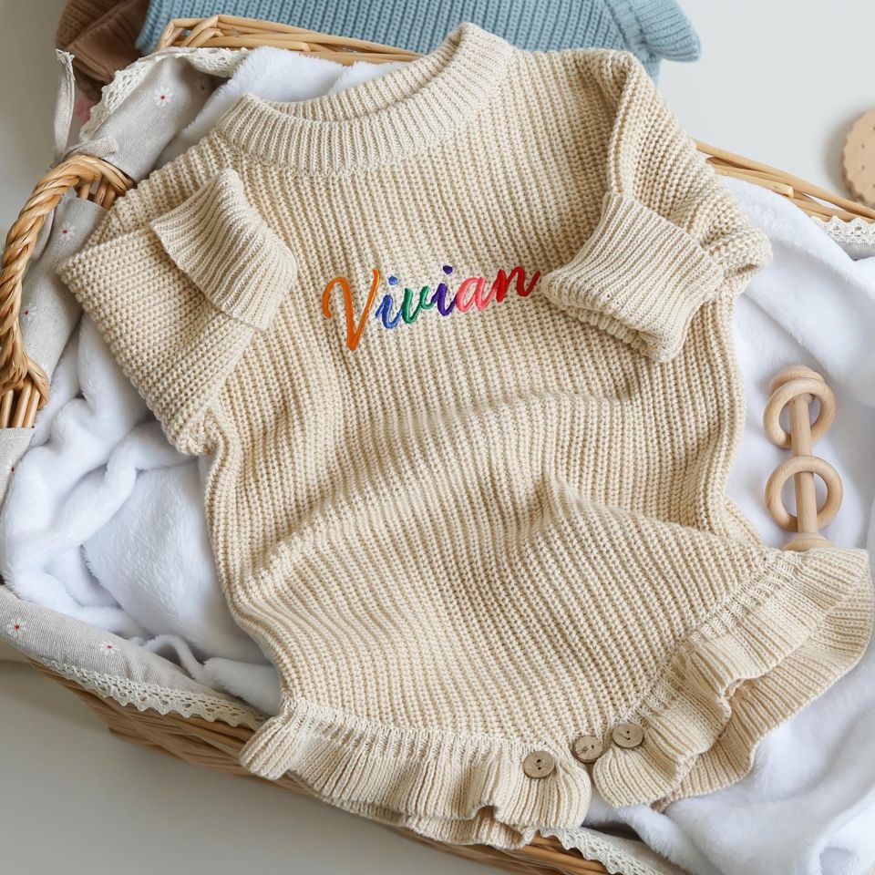Ruffle Crawl Romper with Personalized Rainbow Name, Embroidered Baby Girl Sweater, Newborn Romper