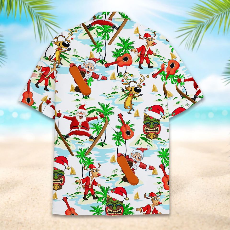 Christmas Santa Skating with Reindeer Hawaiian Shirt, Christmas Hawaiian Shirt