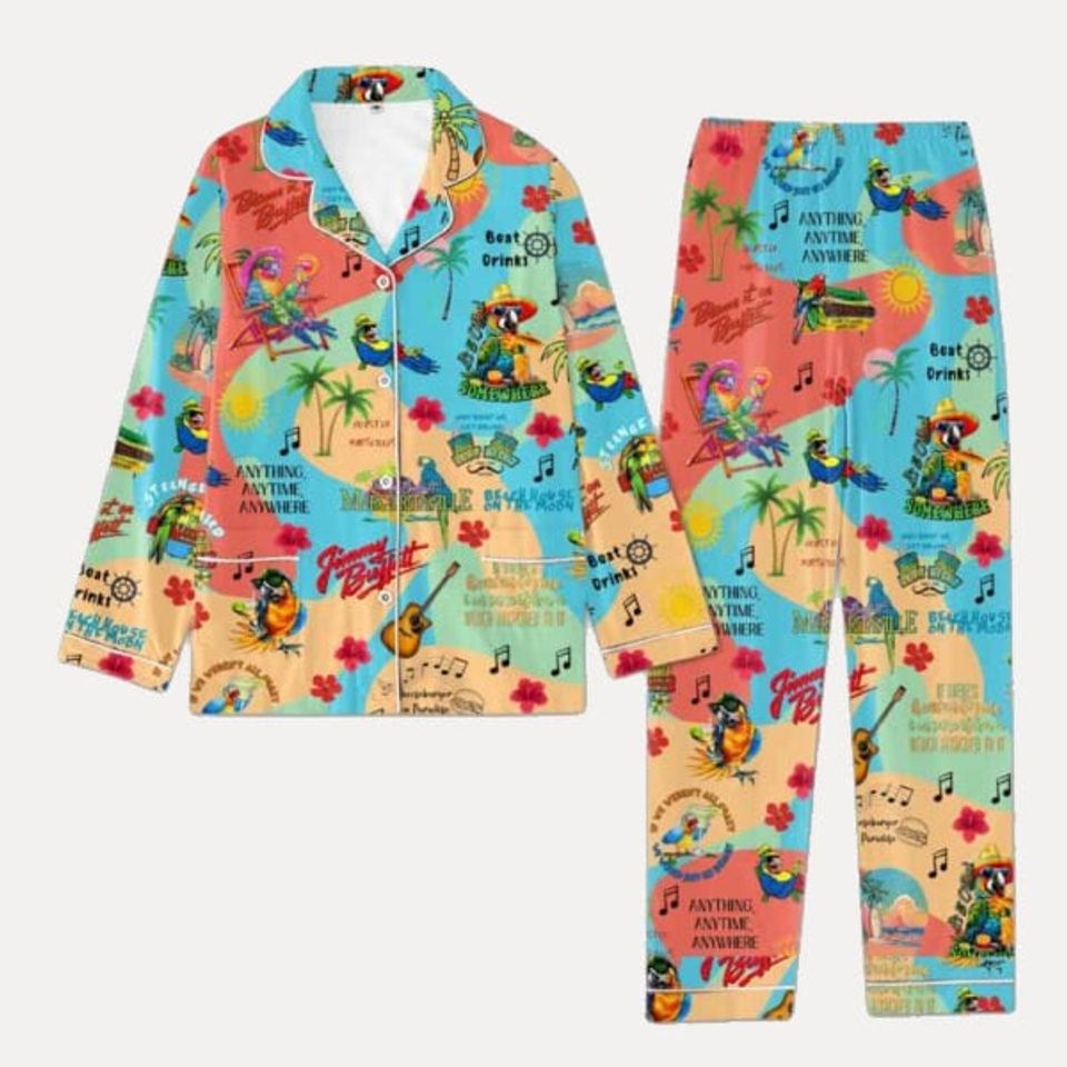 Jimmy Buffett  Pajamas Set Pajamas Set Long Sleeve Home Wear Satin Fabric Two-Piece Set, Gift for Her on Birthday, Anniversary