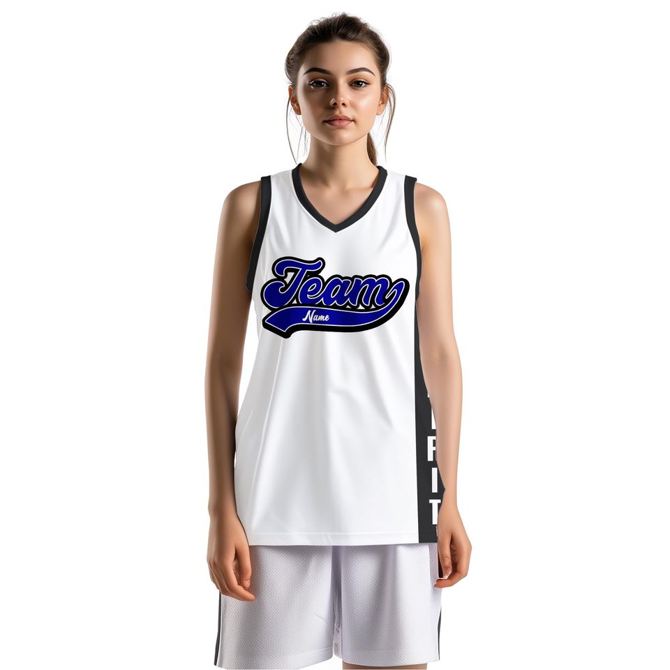 Custom Basketball Jersey - Personalized Sports Team Uniform, Heat Pressed, Custom Name & Number - White with Bold Team Spirit Design