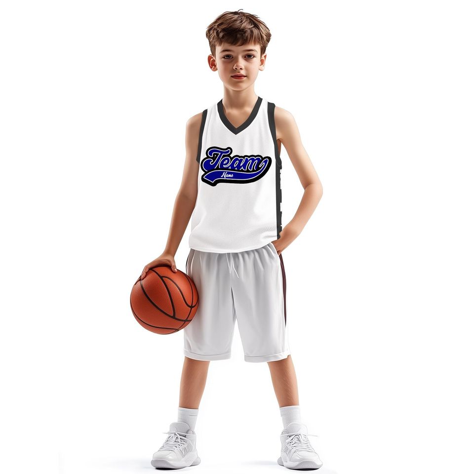 Custom Basketball Jersey - Personalized Sports Team Uniform, Heat Pressed, Custom Name & Number - White with Bold Team Spirit Design