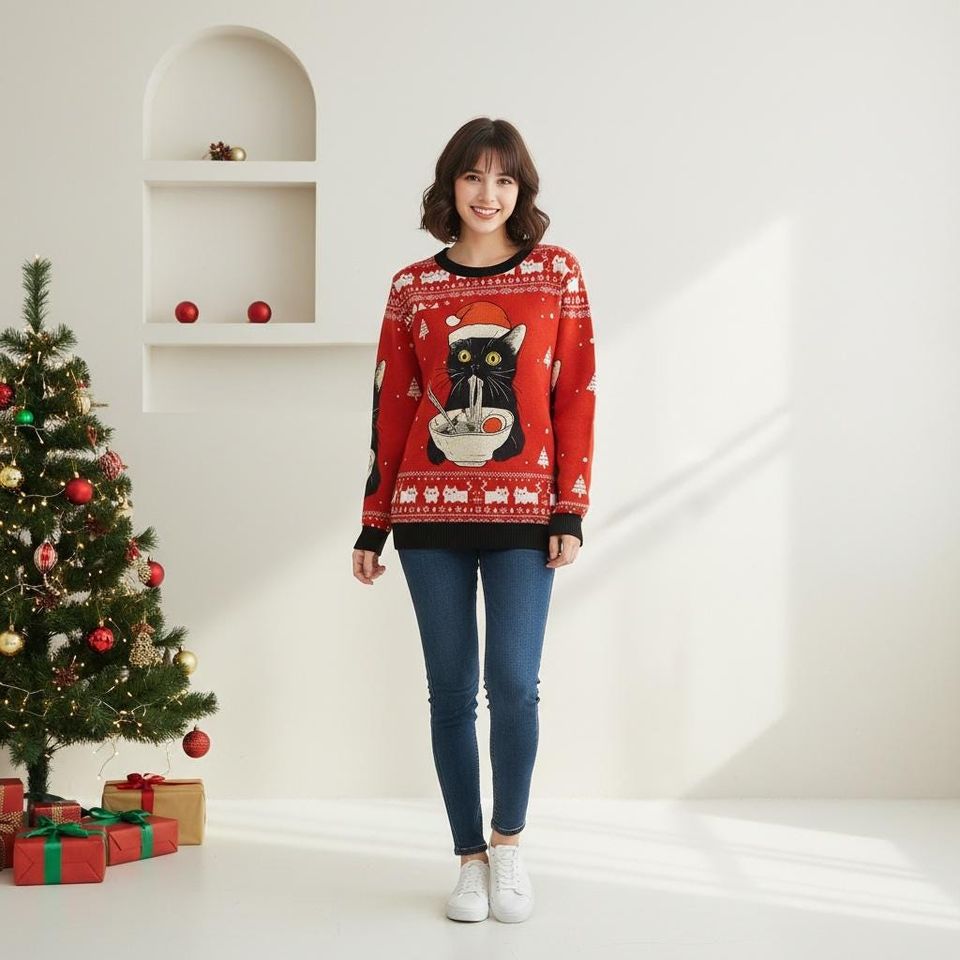 Black Cat Ramen Christmas Ugly Sweater, Funny Holiday Sweater, Cat Sweater For Men And Women, Xmas Gift