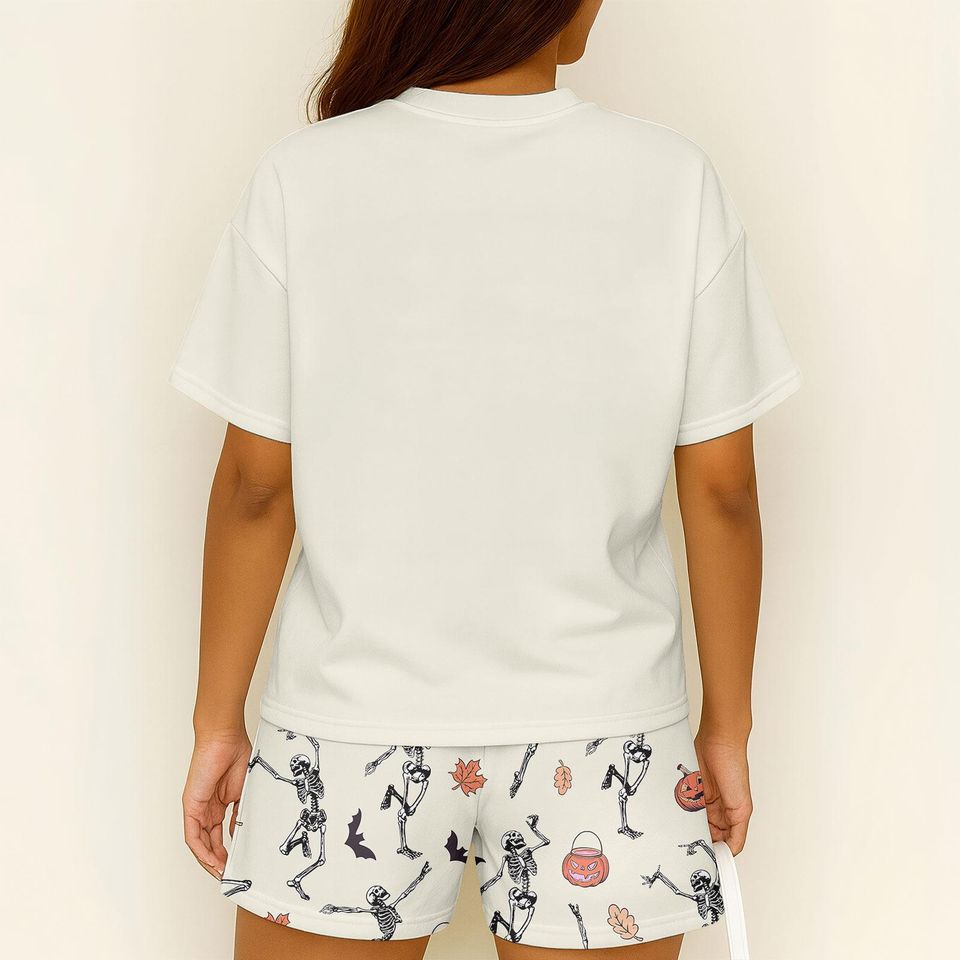 Halloween Dancing Skeleton Tshirt And Shorts, Funny Skeleton Pajamas Family, Halloween Pumpkin Pajamas For Her, Spooky Pajamas