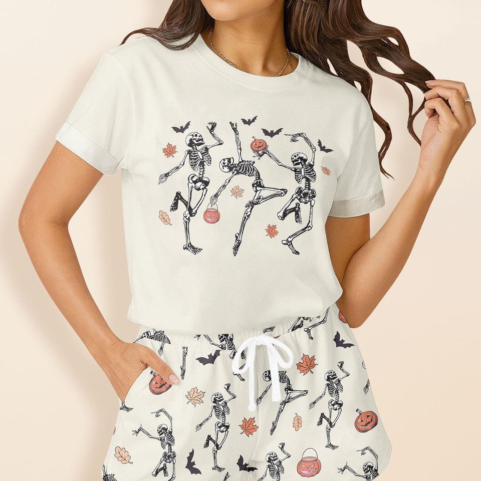 Halloween Dancing Skeleton Tshirt And Shorts, Funny Skeleton Pajamas Family, Halloween Pumpkin Pajamas For Her, Spooky Pajamas