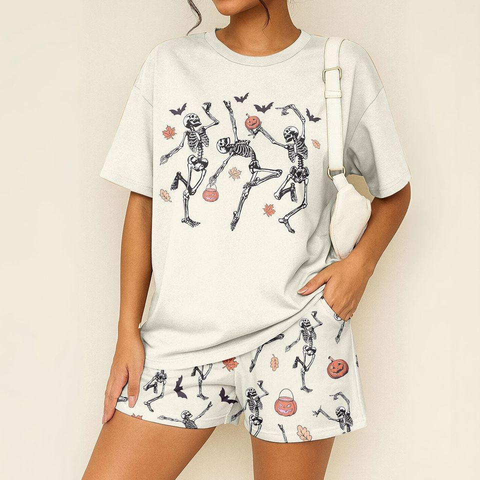 Halloween Dancing Skeleton Tshirt And Shorts, Funny Skeleton Pajamas Family, Halloween Pumpkin Pajamas For Her, Spooky Pajamas