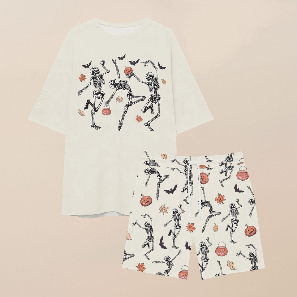 Halloween Dancing Skeleton Tshirt And Shorts, Funny Skeleton Pajamas Family, Halloween Pumpkin Pajamas For Her, Spooky Pajamas