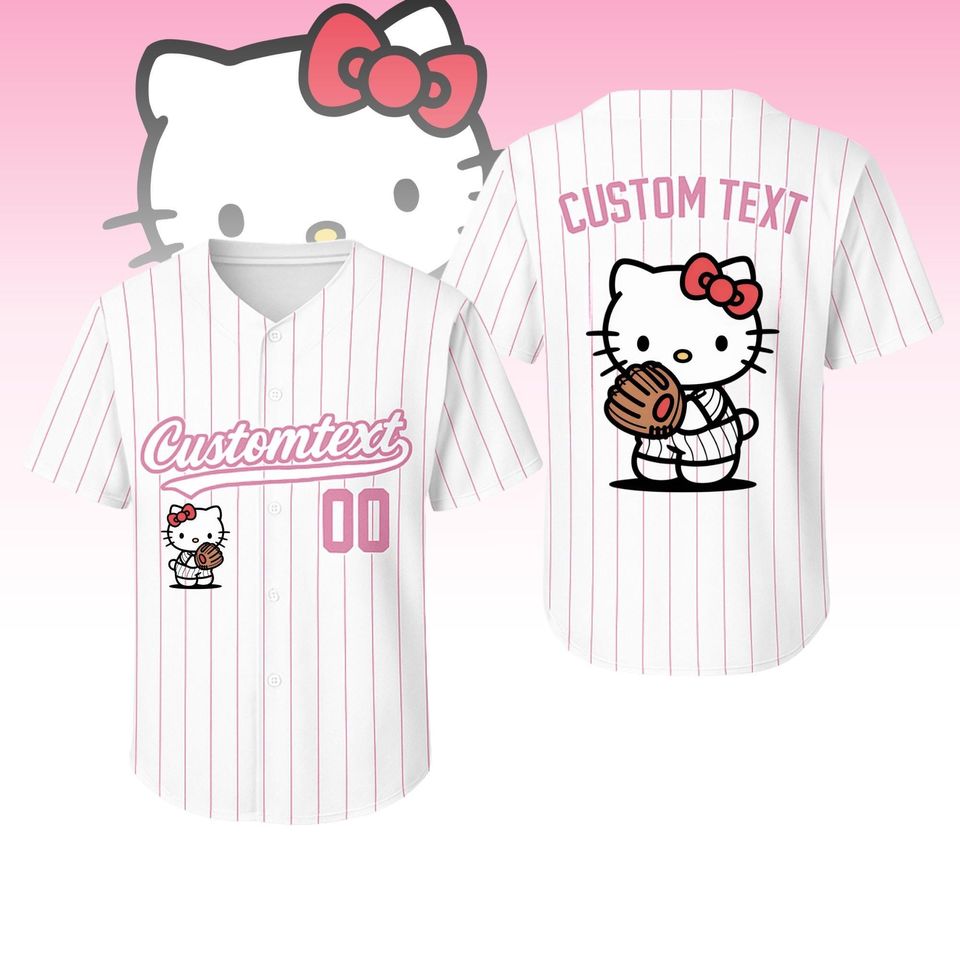 Personalized Hello Kitty Pink Baseball Jersey, Kawaii Pink Cat Jersey