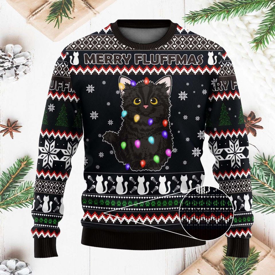Black Cat Fluffmas Ugly Christmas Sweater, Funny Cat Xmas Sweater, Holiday Black Cat Sweater