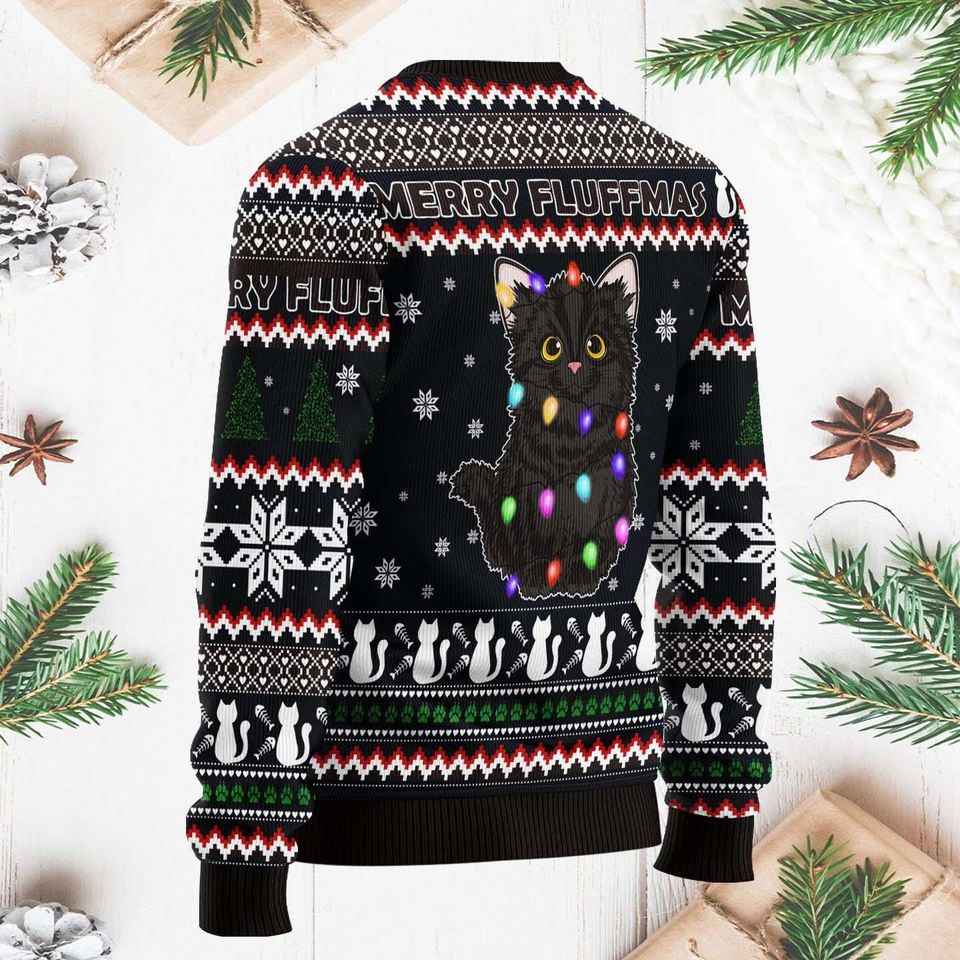 Black Cat Fluffmas Ugly Christmas Sweater, Funny Cat Xmas Sweater, Holiday Black Cat Sweater