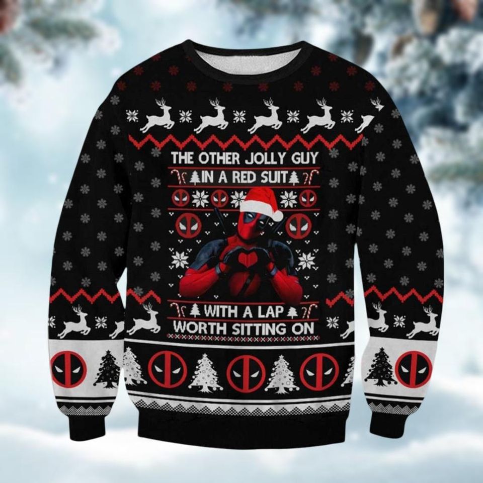 Deadpool Ugly Christmas Sweater, Superhero Xmas Movie Sweater, Hero Santa Hat Christmas Sweatshirt, Wade Wilson Sweater For Men