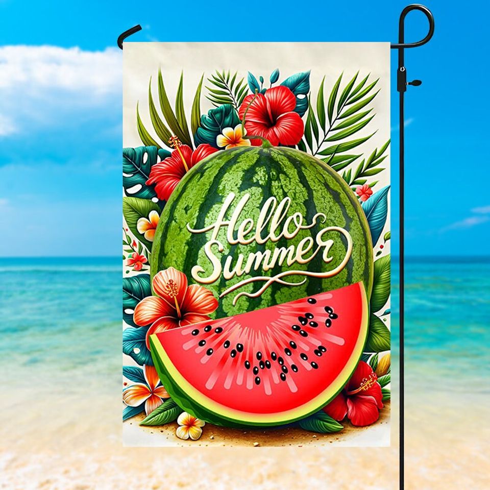 Hello Summer Watermelon Flag Garden House Flag