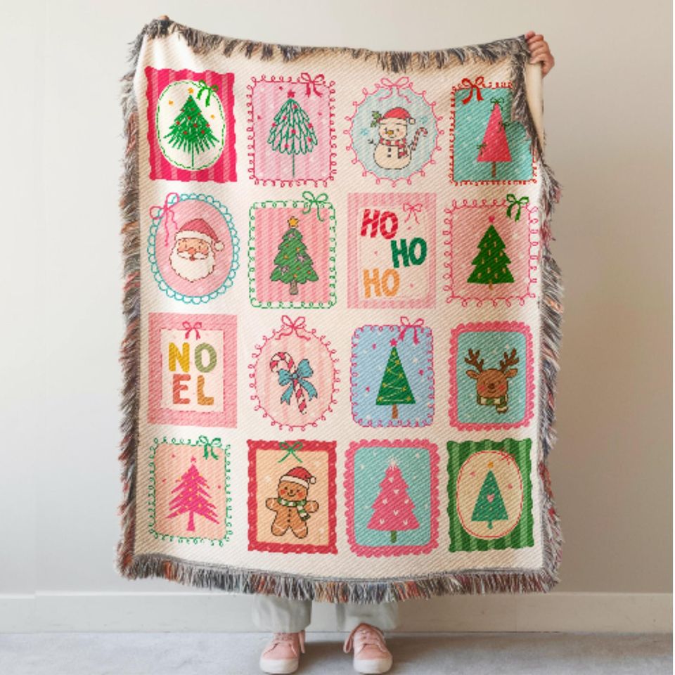 Personalized Pink Coquette Christmas Woven Blanket: Preppy Festive Holiday