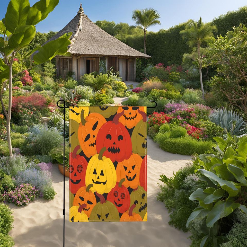 Halloween Garden Flag | Spooky Pumpkin Patch with Jack-O'-Lantern Faces