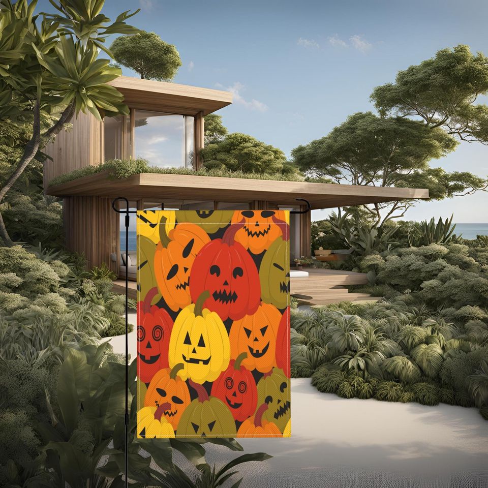 Halloween Garden Flag | Spooky Pumpkin Patch with Jack-O'-Lantern Faces