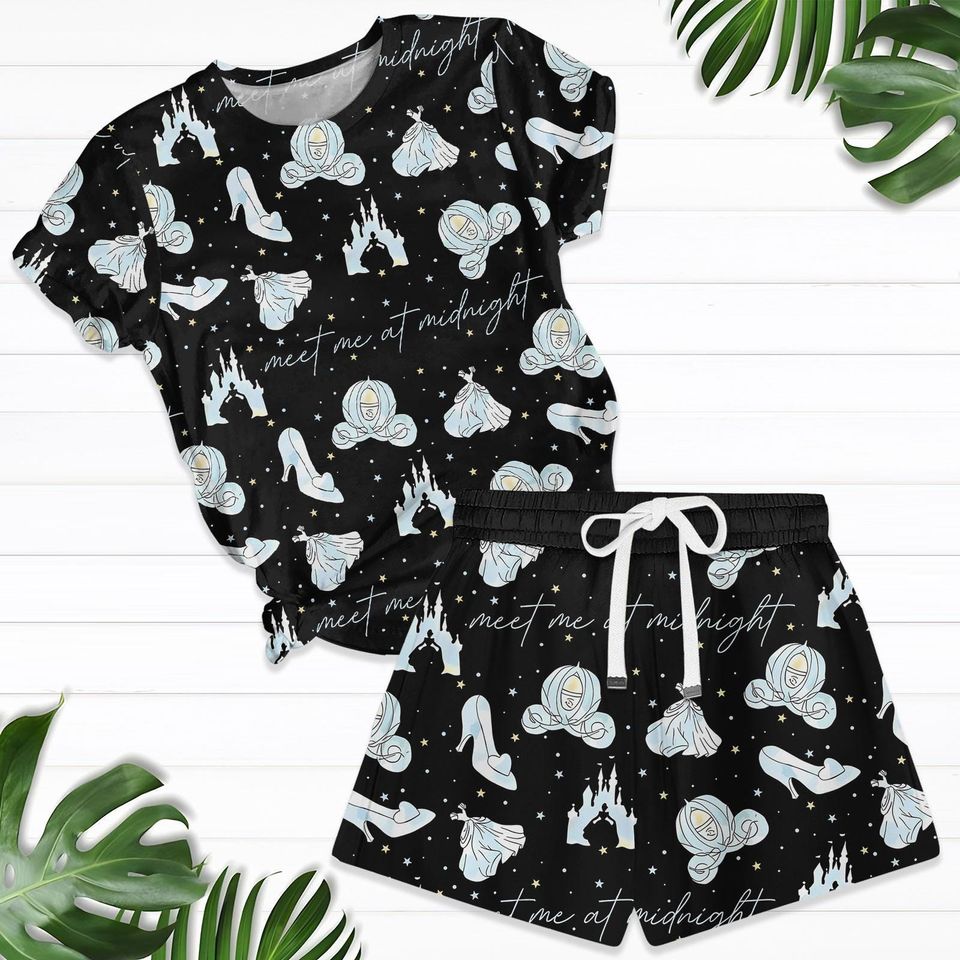 Meet Me At Midnight Tshirt And Shorts, Cinde Princess Pajamas For Her, Disneyland Trip Holiday Pajamas, Magic Kingdom Outfit