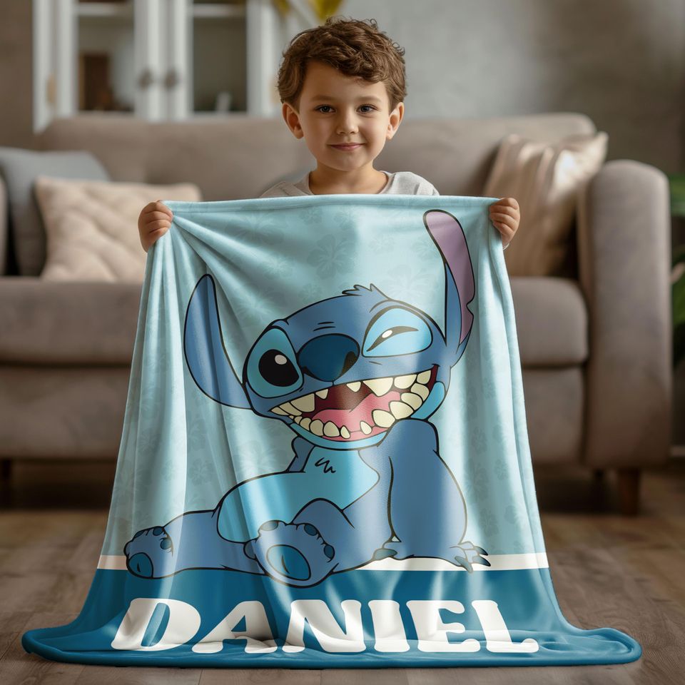 Custom Lilo Stitch Blanket, Personalized Name Fleece Blanket