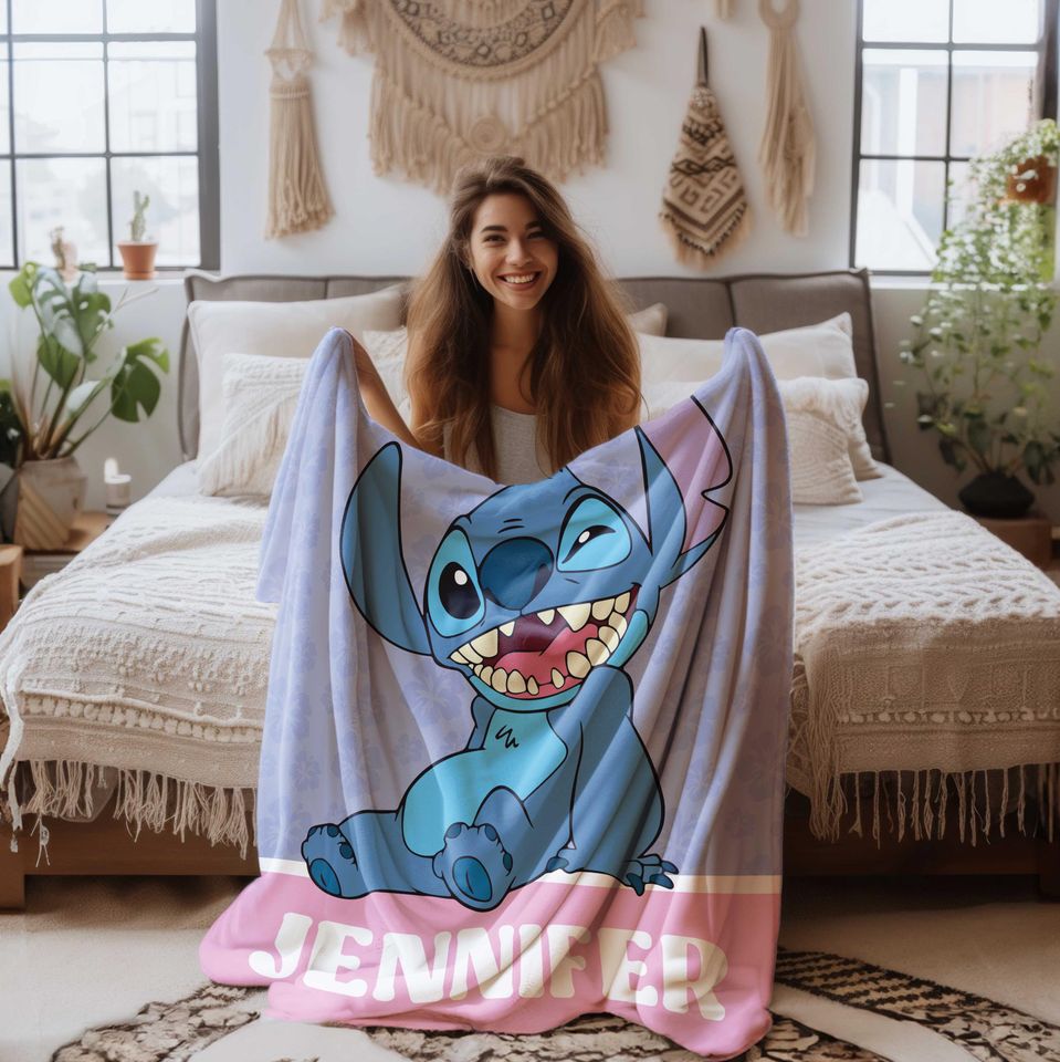 Custom Lilo Stitch Blanket, Personalized Name Fleece Blanket