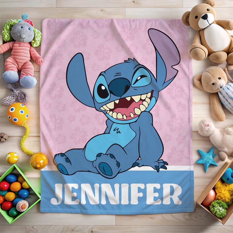 Custom Lilo Stitch Blanket, Personalized Name Fleece Blanket