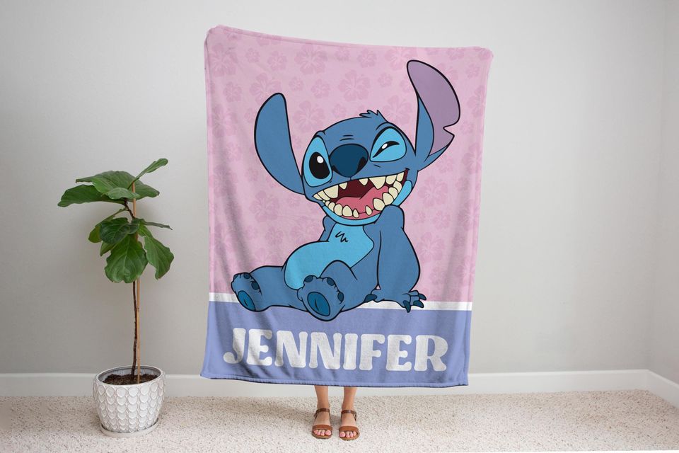 Custom Lilo Stitch Blanket, Personalized Name Fleece Blanket