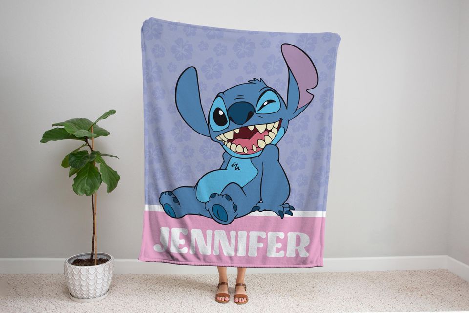 Custom Lilo Stitch Blanket, Personalized Name Fleece Blanket