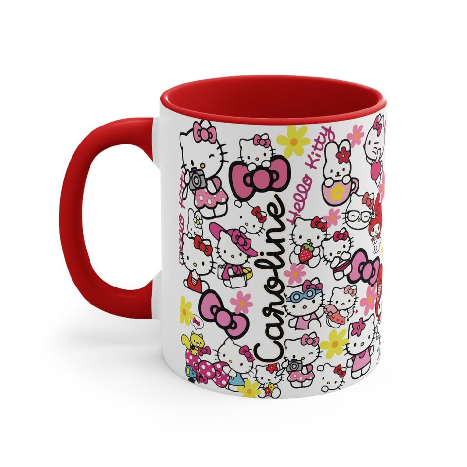 Cat Lover Hello Kitty Pattern, Custom Name Birthday Gift, HK Accent Coffee Mug