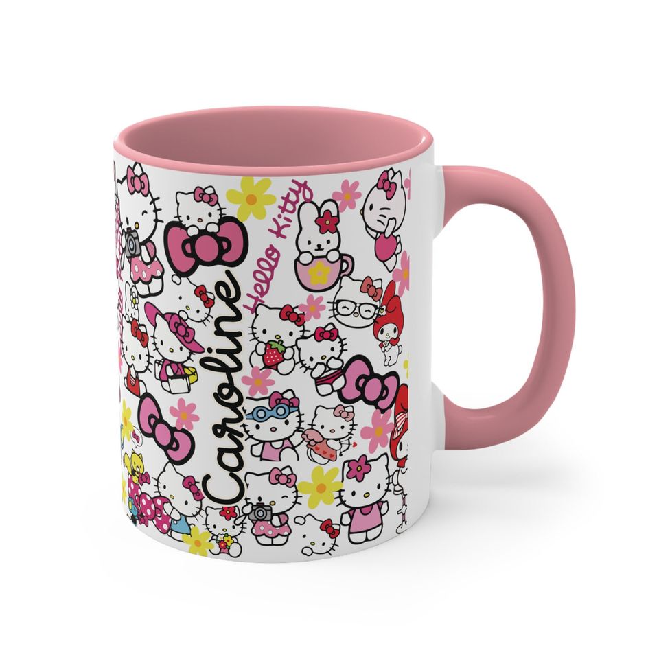 Cat Lover Hello Kitty Pattern, Custom Name Birthday Gift, HK Accent Coffee Mug
