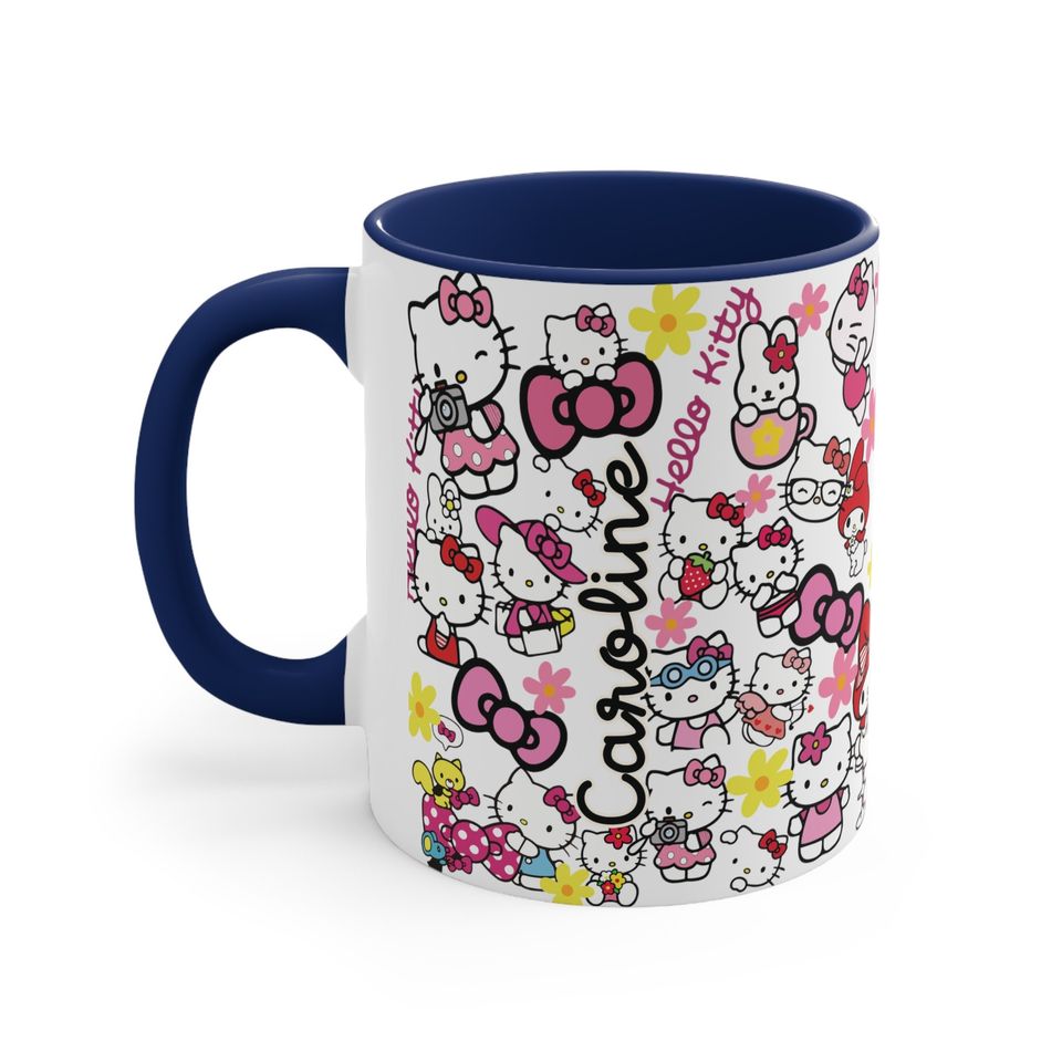 Cat Lover Hello Kitty Pattern, Custom Name Birthday Gift, HK Accent Coffee Mug