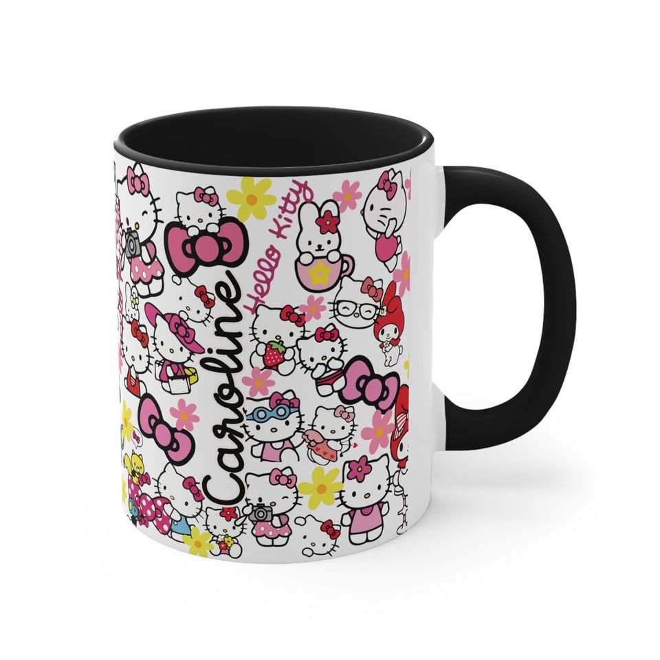 Cat Lover Hello Kitty Pattern, Custom Name Birthday Gift, HK Accent Coffee Mug