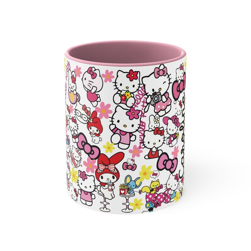 Cat Lover Hello Kitty Pattern, Custom Name Birthday Gift, HK Accent Coffee Mug