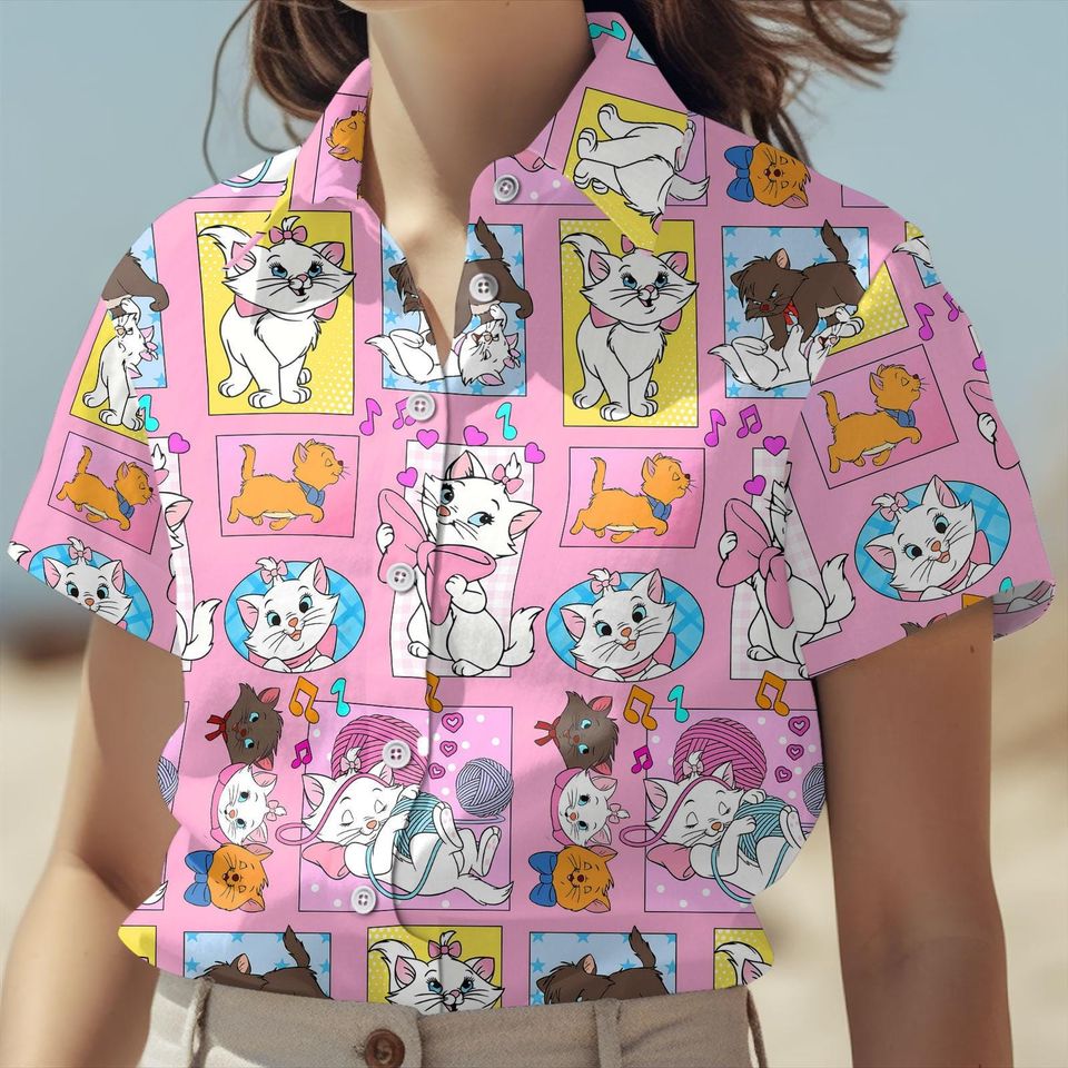 Disney Marie Button Shirt, Disney The Aristocats Summer Short, Marie Cat Lady Hawaiian Shirt, Birthday Gift Apparel For Kids, Animal Kingdom
