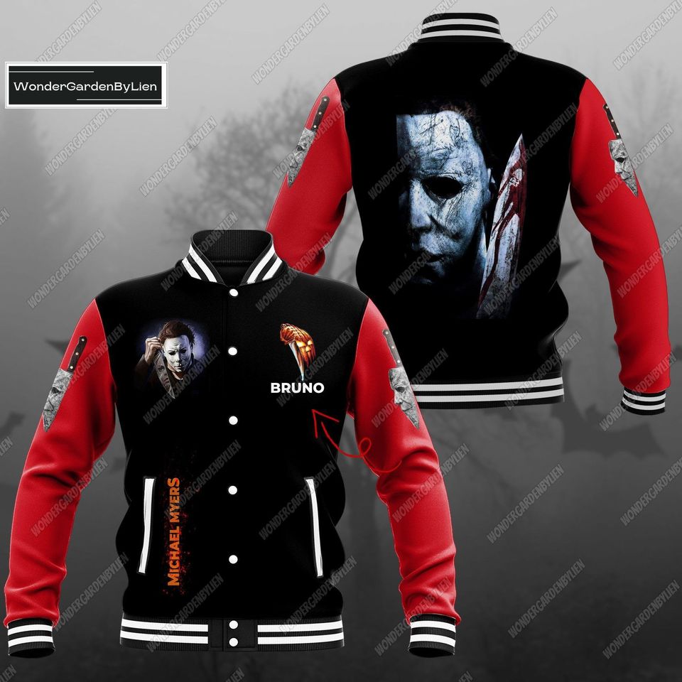 Personalized Michael Myers Colorful Baseball Jacket, Custom Halloween Baseball Jacket, Horror Movie Characters Baseball Jacket Man