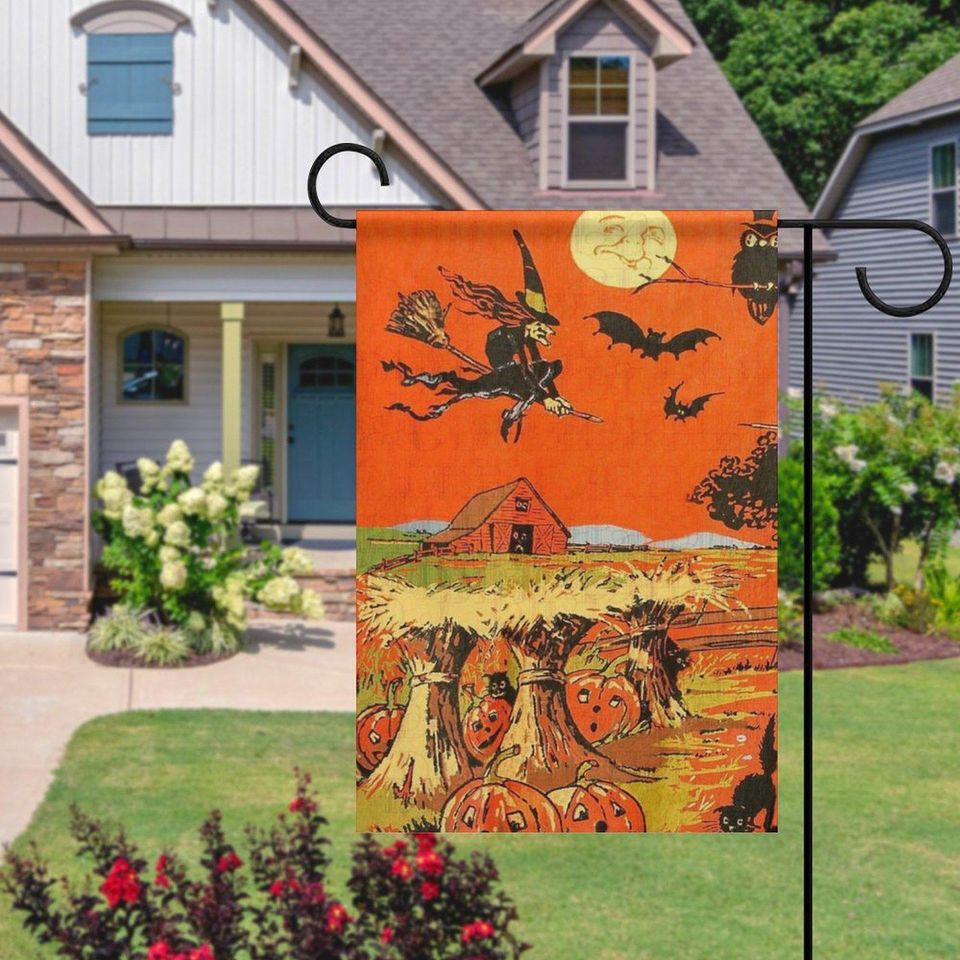 Vintage Halloween Garden Flag - Witch Flying Over Pumpkin Patch