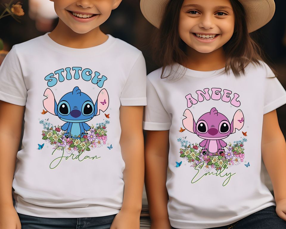 Disney Stitch & Angel Matching Shirt, Custom Disney Shirt, Disneyland Couple Epcot Floral Shirt, WDW Trip 2024 Shirt, Disneyworld Trip Shirt