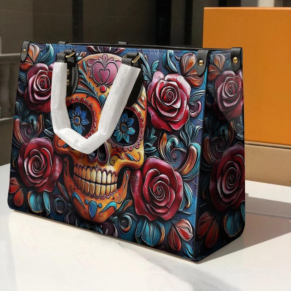Leather Handbag Vivid Skull and Roses