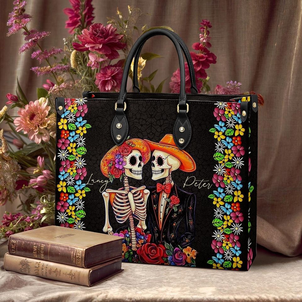 Leather Handbag Vibrant Skull Romance