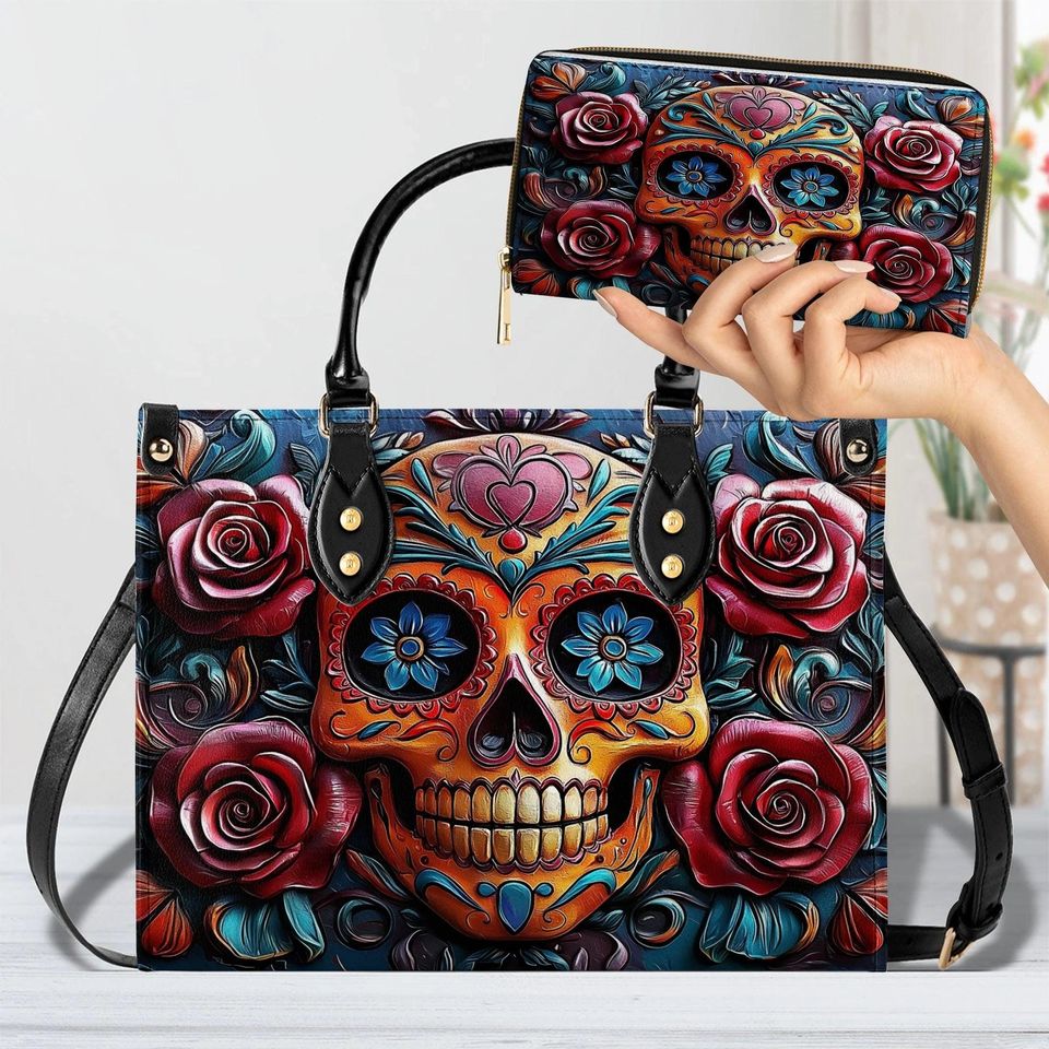 Leather Handbag Vivid Skull and Roses