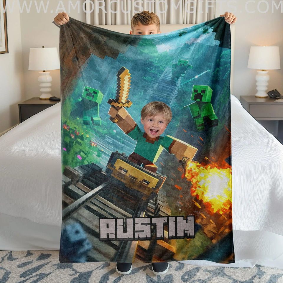Personalized Pixel Craft Blanket: USA Made 3D Sandbox Video Game