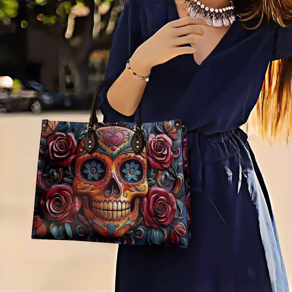 Leather Handbag Vivid Skull and Roses