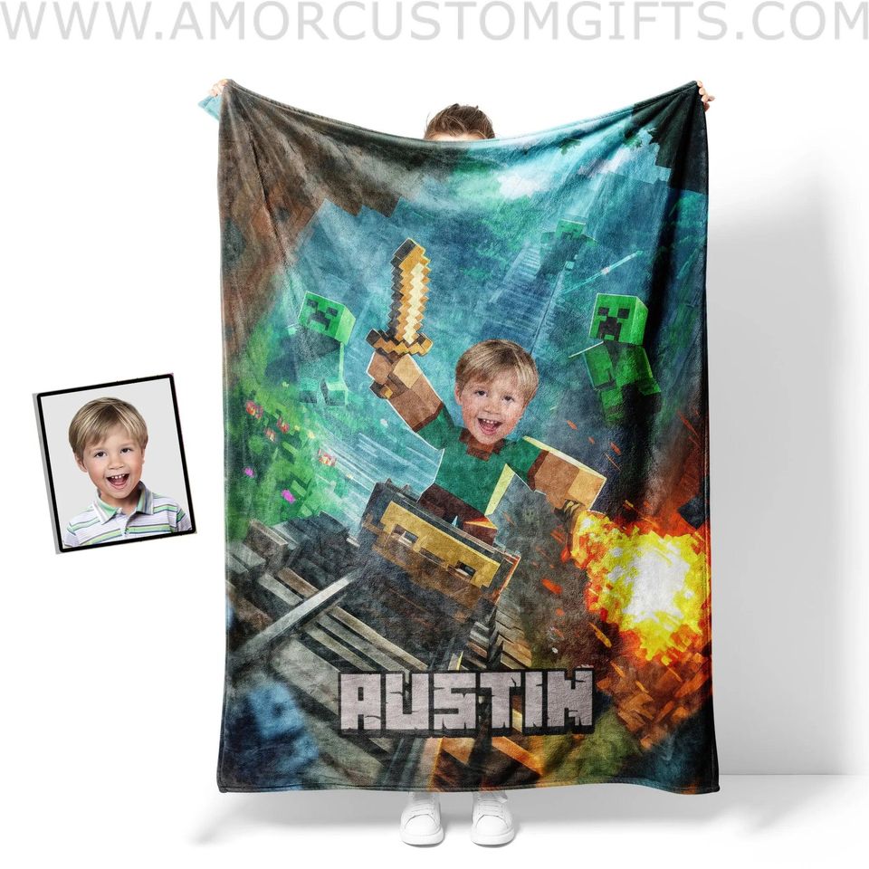 Personalized Pixel Craft Blanket: USA Made 3D Sandbox Video Game