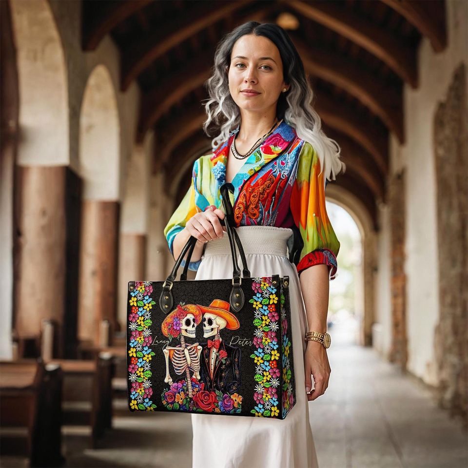 Leather Handbag Vibrant Skull Romance