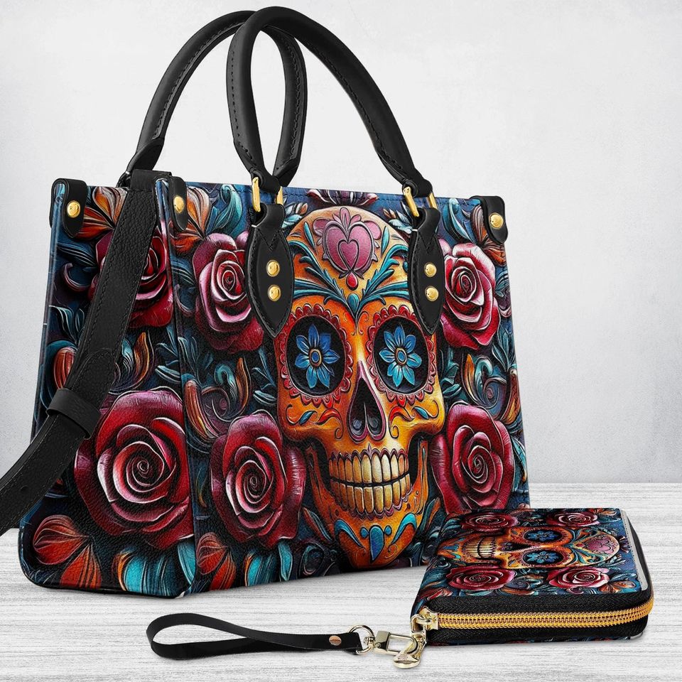 Leather Handbag Vivid Skull and Roses