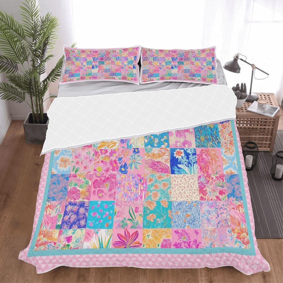 Personalized Floral Quilt Bedding Set: Preppy Botanical Print