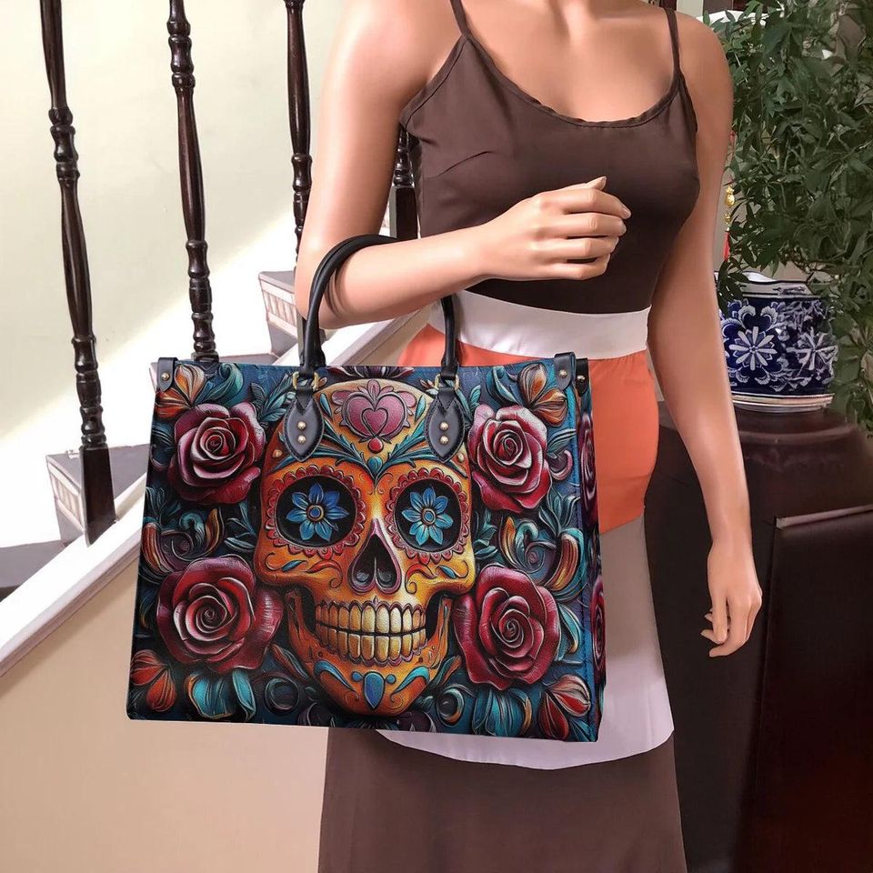 Leather Handbag Vivid Skull and Roses