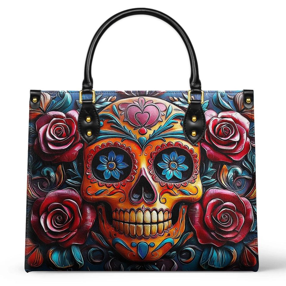 Leather Handbag Vivid Skull and Roses