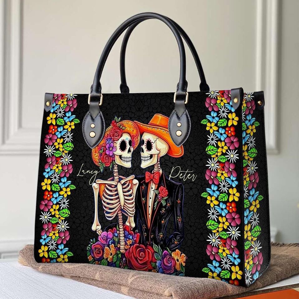 Leather Handbag Vibrant Skull Romance