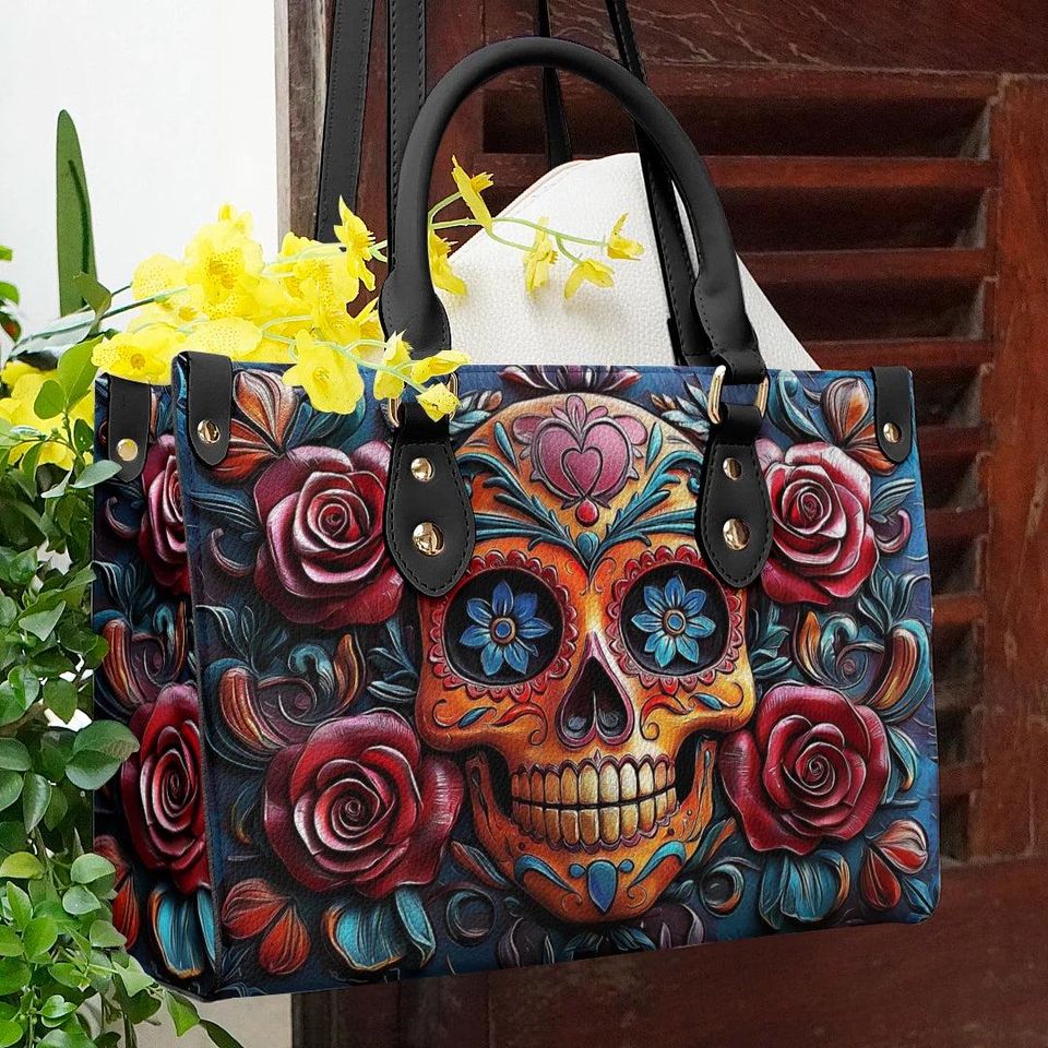 Leather Handbag Vivid Skull and Roses