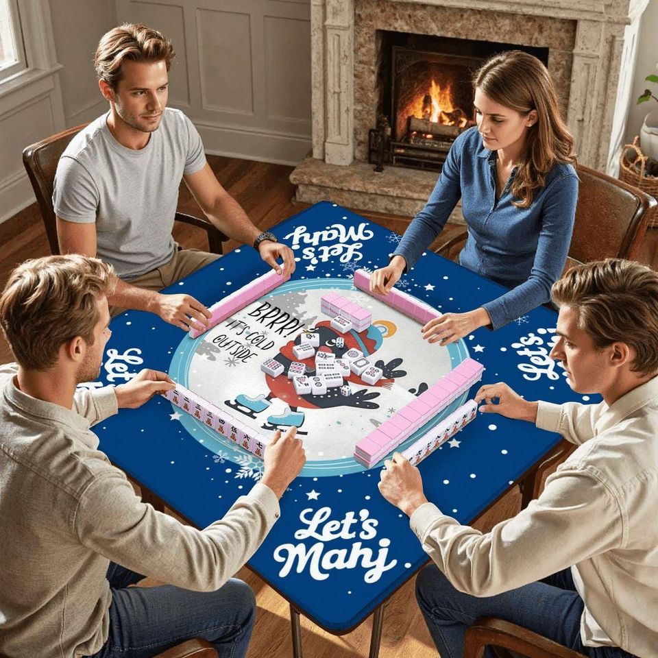 Winter Mahjong Mat – Skating Bird, Royal Blue