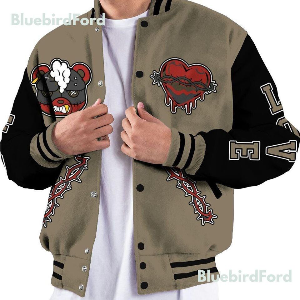 Dunkare Olive 9s Baseball Varsity Jacket - False Romance Hugz All Over Print Letterman Jackets