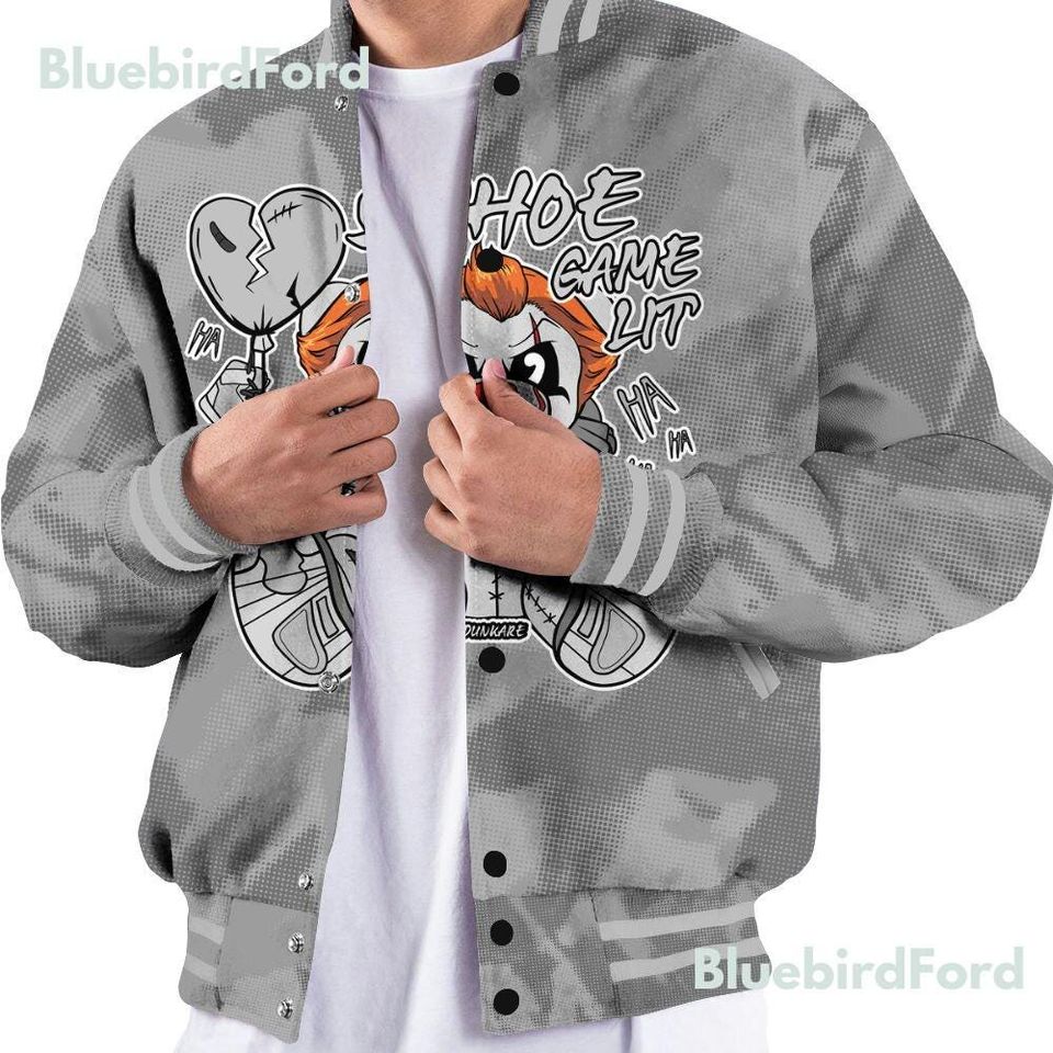 Black Wolf Grey 12s Baseball Varsity Jacket- Wolf Grey Shirt Shoe Game Bear Abstract Halftone All Over Print Baseball Varsity Jacket